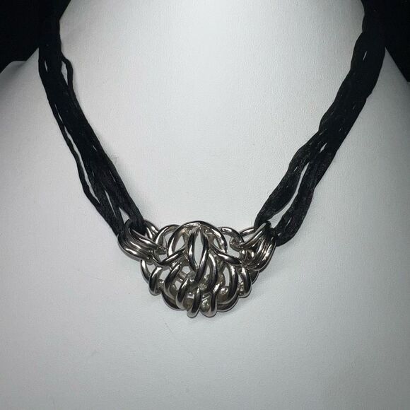 Multi Strand Silk Cord Silver Chunky Choker Necklace - Picture 1 of 8